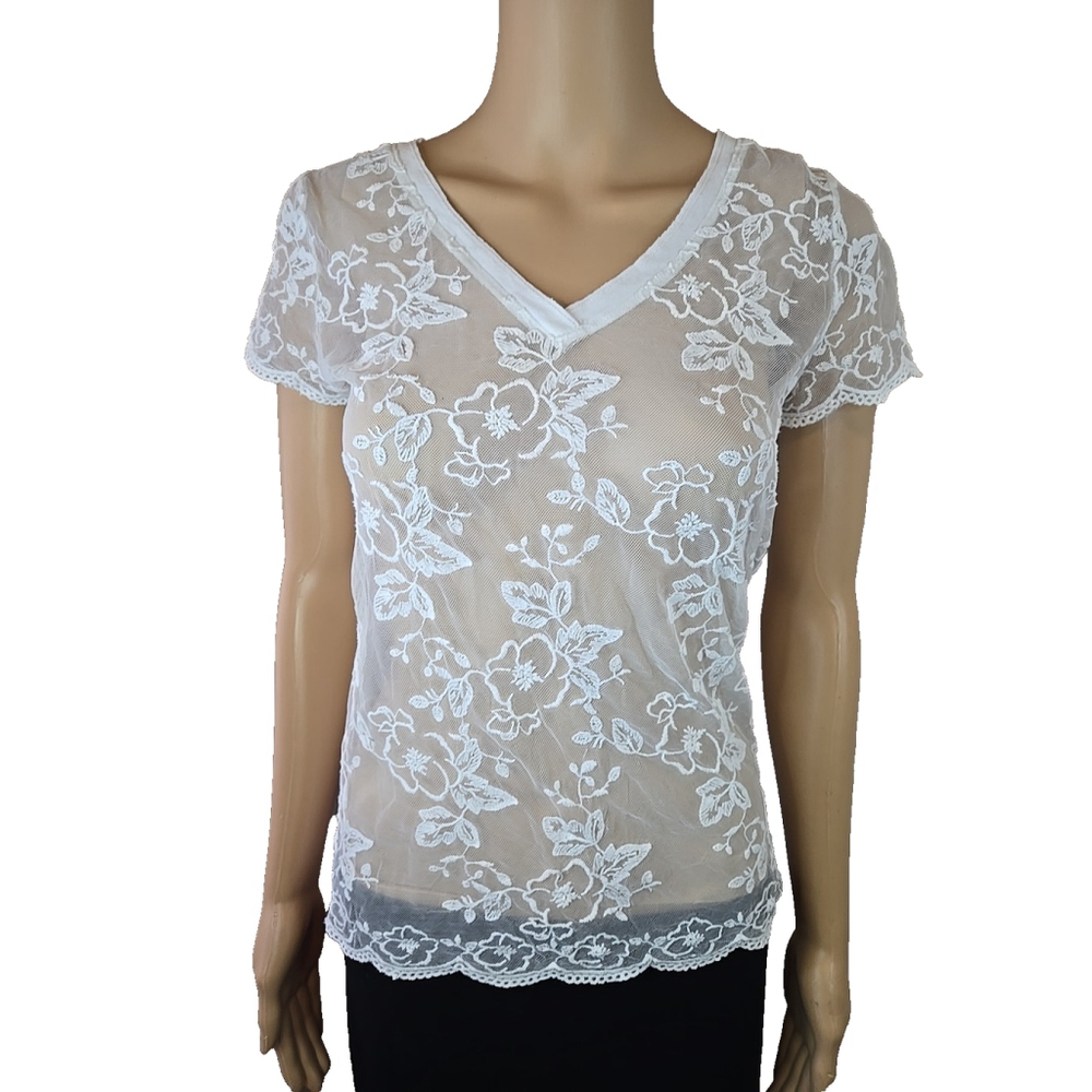 Aeropostale White Sheer Floral Lace Short Sleeve V-Neck Top